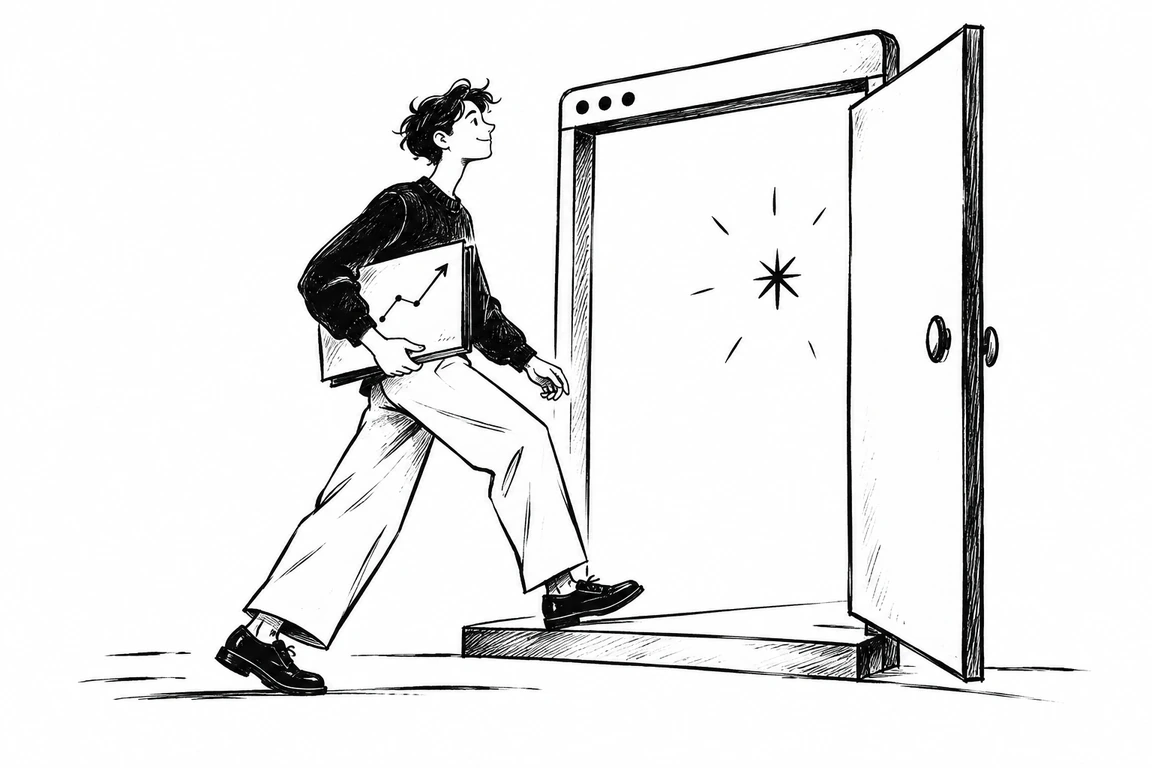 Ilustración de una persona con un portfolio cruzando una puerta con forma de ventana de navegador