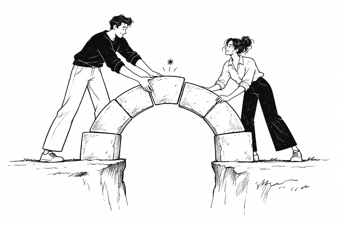 Dos personas construyen juntas un puente de bloques en una ilustración en blanco y negro